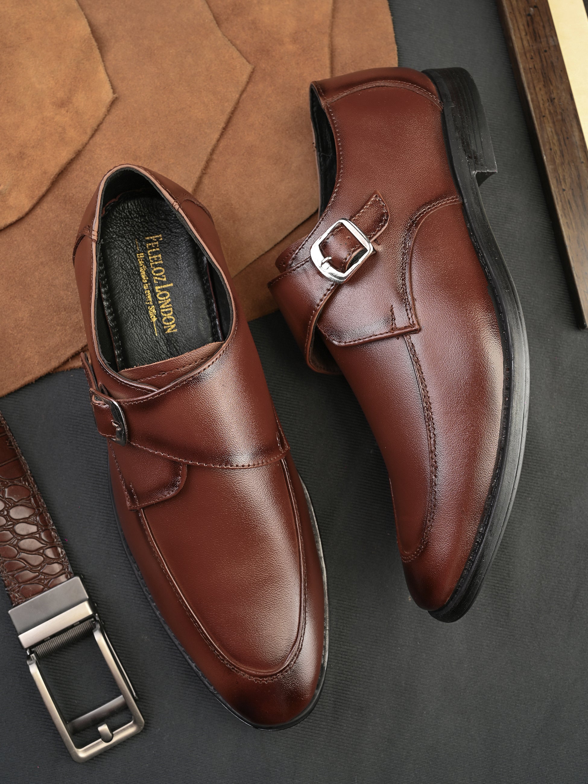 Feleloz London Men’s Italian Leather Monk Strap Formal Shoes | Premium Tan Business Shoes with Leather Lining & TPR Sole
