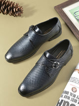 Men’s Navy Blue Genuine Italian Leather Formal Shoes | Luxury Textured Design with Strap Closure & TPR Sole