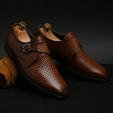 Men’s Tan Genuine Italian Leather Formal Shoes | Luxury Textured Design with Strap Closure & TPR Sole