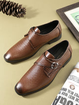 Men’s Tan Genuine Italian Leather Formal Shoes | Luxury Textured Design with Strap Closure & TPR Sole