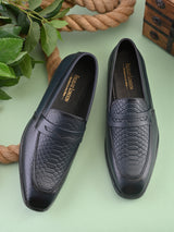 Men’s Navy Blue Genuine Italian Leather Loafers | Luxury Premium Textured Pull-On Shoes with TPR Sole