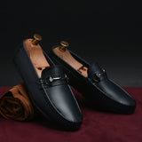 Luxury Men’s Navy Blue Italian Leather Loafers | Premium Textured Pull-On Formal Shoes with TPR Sole