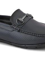 Luxury Men’s Navy Blue Italian Leather Loafers | Premium Textured Pull-On Formal Shoes with TPR Sole