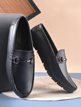 Luxury Men’s Navy Blue Italian Leather Loafers | Premium Textured Pull-On Formal Shoes with TPR Sole